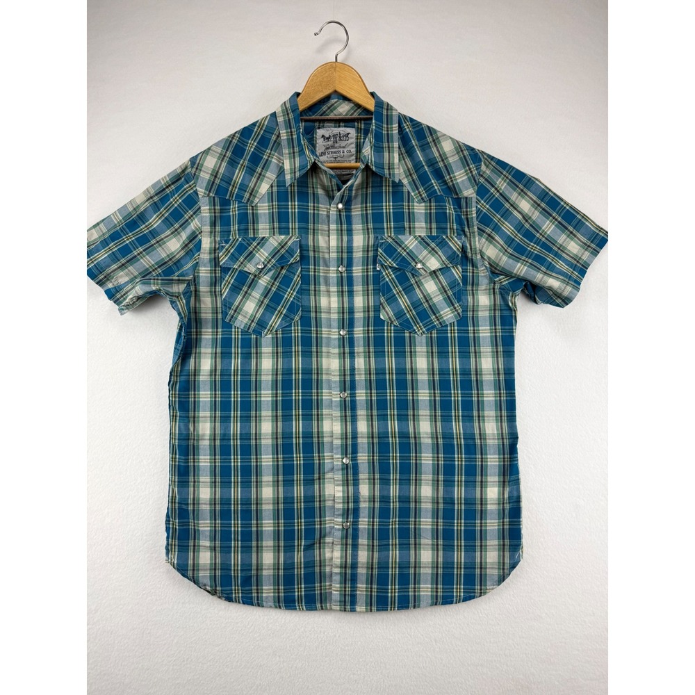 Levi's Western Shirt Mens Large Blue Green Plaid Pearl Snap‎ Short Sleeve